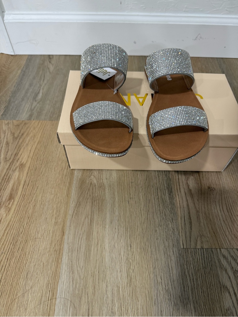 Crystal Two-Band Slide Sandals in Silver and Tan